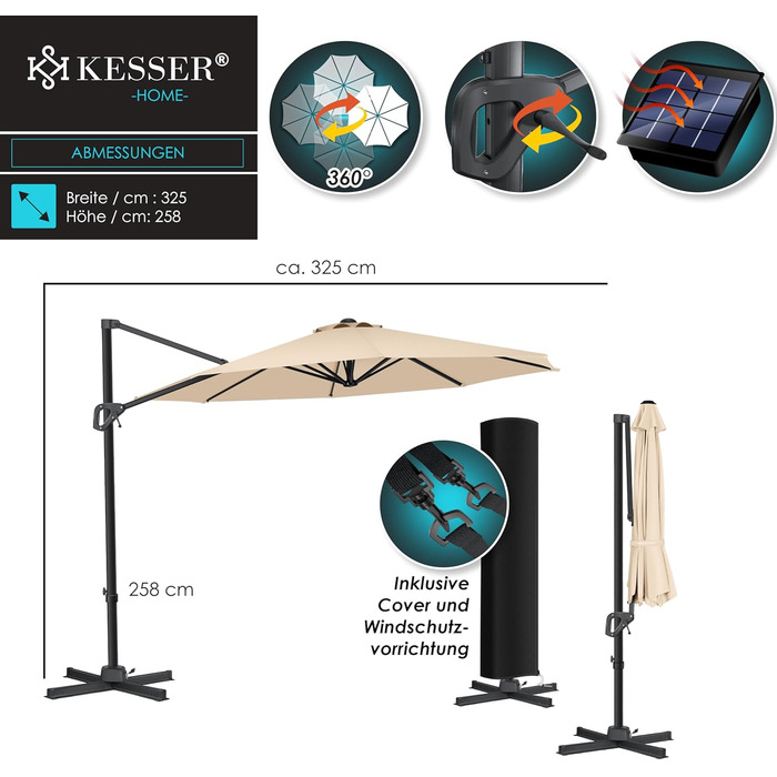Парасолька для саду KESSER SUN XL 330 см, кругла, беж, з чохлом, 7-позиційна, нахил, 360° обертання, з вітрозахистом, ручка, UV50+