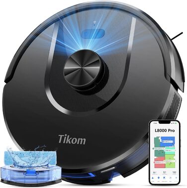 Робот-пилосос з функцією миття Tikom L8000 Pro, 6000Pa, LiDAR, 150 хв, APP, 14 зон, для тварин, килимів та твердих підлог, чорний