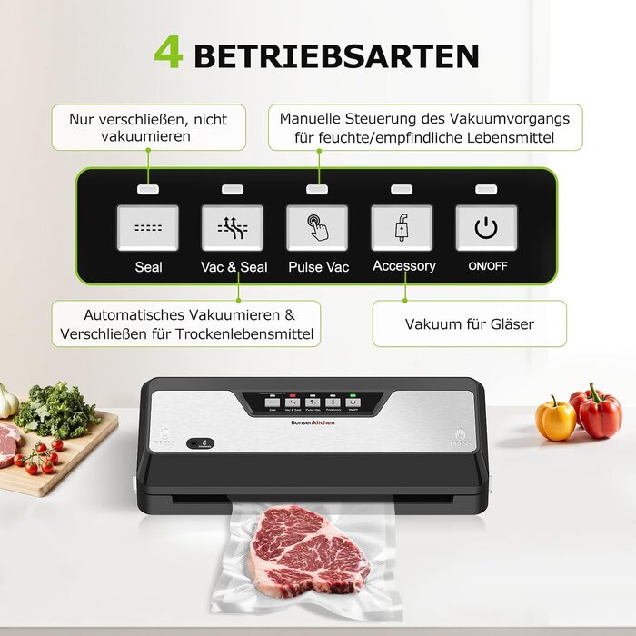 Вакууматор для продуктів Bonsenkitchen VS3019, 125 Вт, з вбудованим різаком, глянцевий чорний