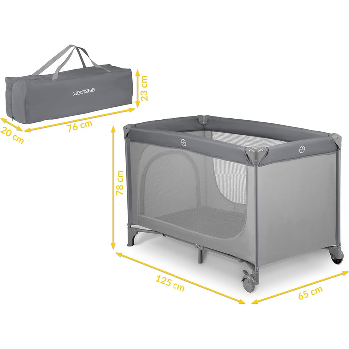 Дитяче ліжечко-манеж Ricokids, складане, 125x65x78 см, 15 кг, з матрацом, колесами з гальмами, знімний боковий вхід, сіре