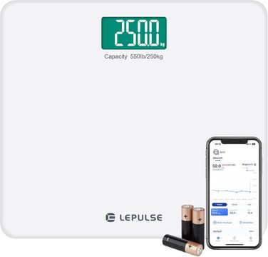 Розумна вага Lepulse S5 до 250 кг з Bluetooth, аналізом складу тіла, ІМТ, широкою платформою, срібляста, синхронізація з додатком