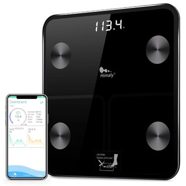 Розумна вага для визначення складу тіла Himaly, Bluetooth, цифрова, для жиру, ваги, ІМТ, води, кісткової маси, калорій, вісцерального жиру, чорна