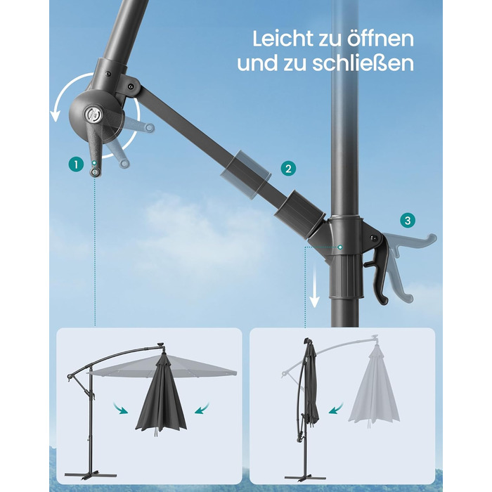 Парасолька SONGMICS з LED-сонячним підсвічуванням, 300 см, 32 LED, з підставкою, сонцезахист UPF 50+, для балкона, тераси, саду, сіра