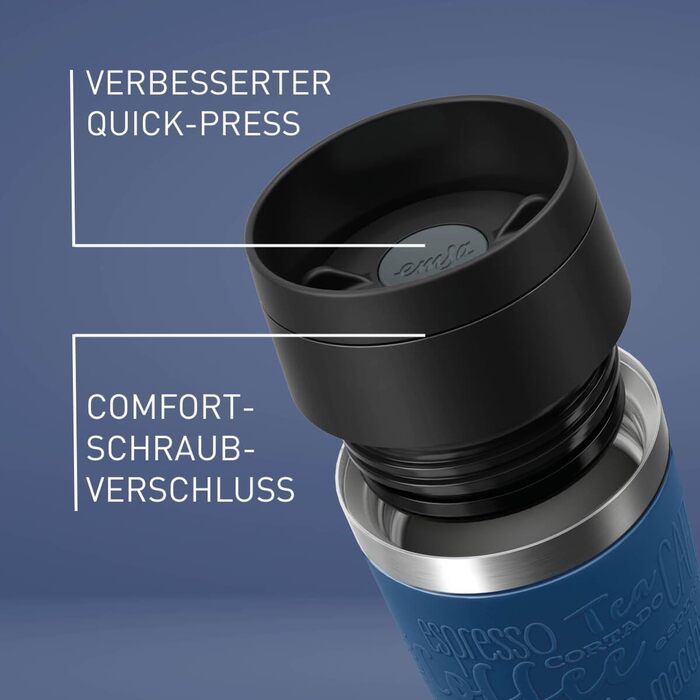 Термокружка Emsa N20210 Travel Mug Classic, 0.36 л, нержавіюча сталь, 4 години гаряче, 8 годин холодне, герметична, для миття в посудомийній машині, 360° клапан, темно-синій