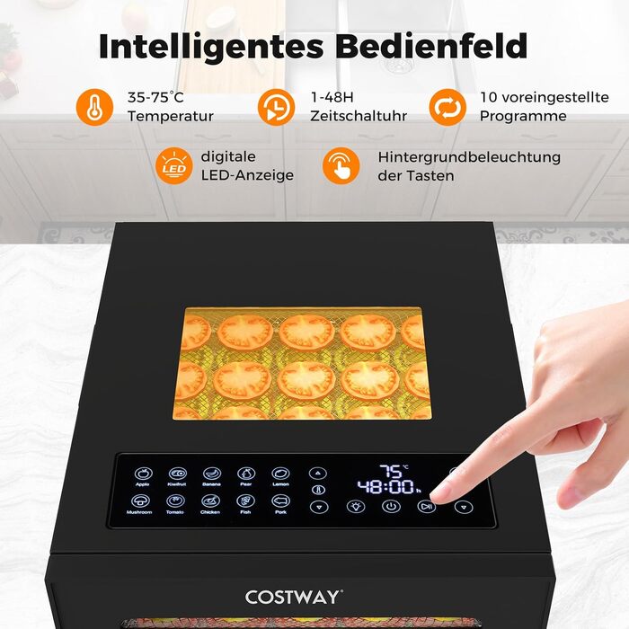 Сушарка для овочів, фруктів та м'яса COSTWAY 850W з 10 лотками з нержавіючої сталі, 10 програмами та таймером 48 год.