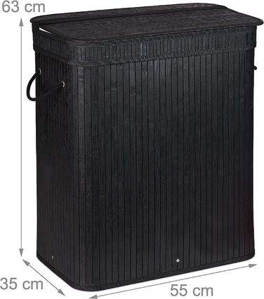 Сортувальник для білизни Relaxdays, бамбук, 3 секції по 30 л, кошик для прання з кришкою та ручками, 63x55x35 см, чорний