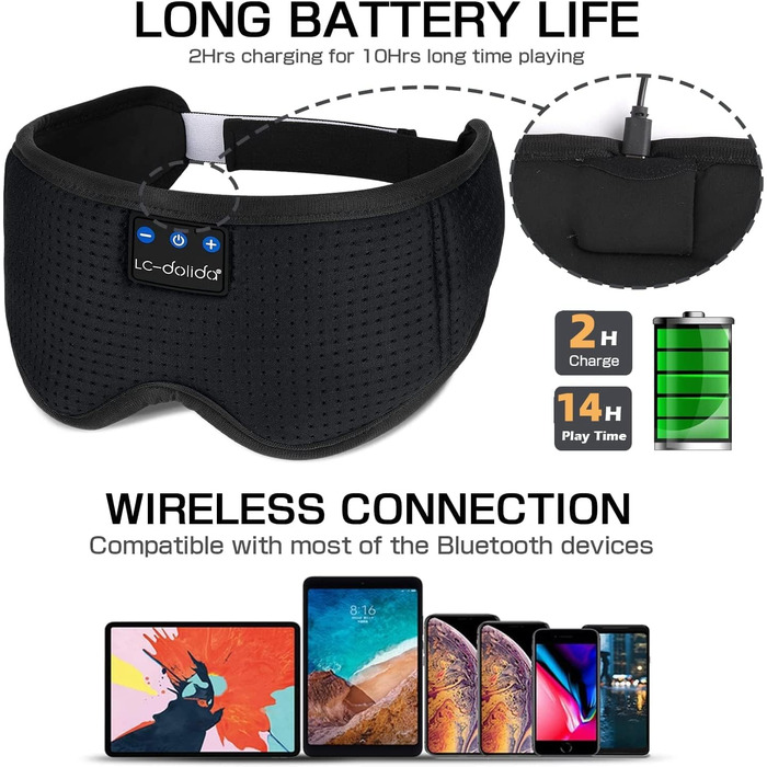 LC-dolida Маска для сну з Bluetooth-навушниками V5.4, м'яка бавовняна пов'язка на очі з мікрофоном для подорожей, йоги, медитації, для жінок і чоловіків, прана, синя