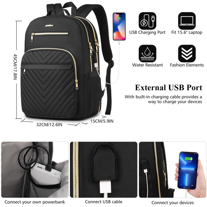 Жіночий рюкзак YAMTION для ноутбука 15.6'' з USB, шкільний міський рюкзак для дівчат і жінок, чорний