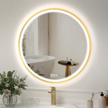 Дзеркало для ванної кімнати Furduzz з LED-підсвічуванням, 700 мм, сенсорне керування, диммування, 3 кольори, протизапотівання, пам'ять, золота рамка (60x60 см)