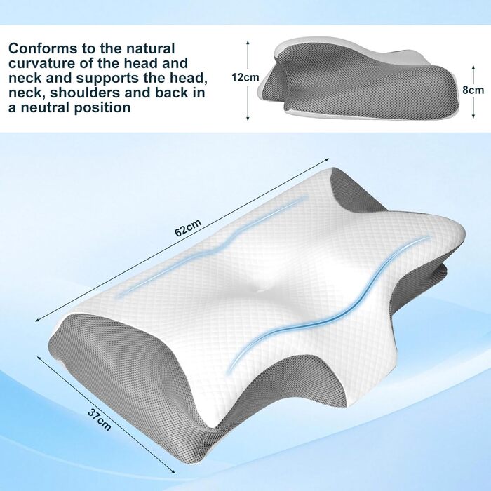 Ортопедична подушка Cozary для шиї з Memory Foam, 2 положення, для сну на боці та при болях у спині, сіра