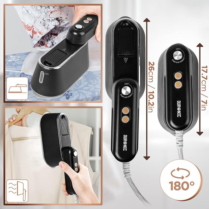 Duronic HS90 BK 2-в-1 праска з парогенератором, дорожня праска 1200 Вт, 90 мл, складана ручка, аксесуари
