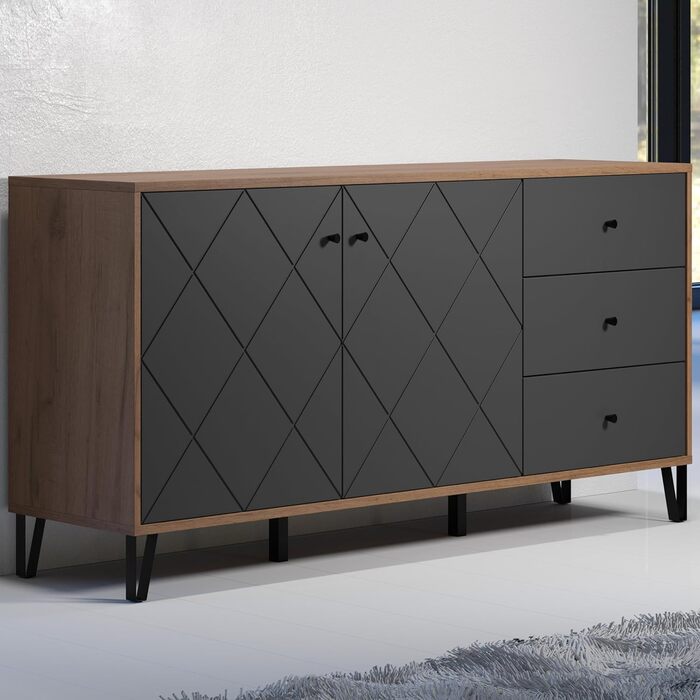 Сервант trendteam smart living Montez, сірий/дуб, 2 двері, 3 шухляди, фрезеровані фасади, металеві ніжки, 183x76x40 см