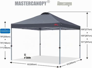 Павільйон садовий MasterCanopy 3x3 м, швидкозбірний, антрацит. UPF50+, водостійкий, з сумкою та мішками для фіксації. Для кемпінгу, заходів, саду.