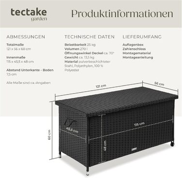 Ящик для зберігання вуличний Tectake Poly Rattan 270л, чорний - водонепроникний, з замком, колісний, для саду, тераси, меблів