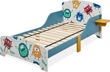 Дитяче ліжко Relaxdays 60x94x143 см, з бортиками, полицею, малюнком Монстри, з рейковим дном, МДФ, кольорове
