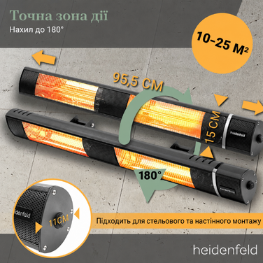 Інфрачервоний обігрівач Heidenfeld IH110, 3000 Вт, з пультом, 3 режими, для тераси, настінний та стельовий монтаж, чорний, 3 роки гарантії