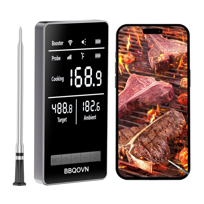 Термометр для м'яса BBQOVN WiFi з бездротовим зв'язком Sub-1g, необмежений радіус дії, 7 NIST-сертифікованих датчиків, моніторинг для гриля, мангала, печі, коптильні (Срібний)