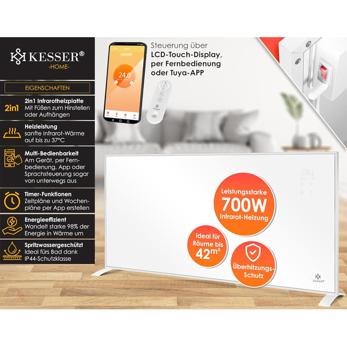 Інфрачервона електронагрівач KESSER 700 Вт, енергоощадна, для підлоги і стіни, з термостатом, дистанційним керуванням та керуванням через додаток, біла