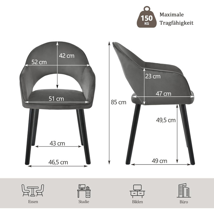 Набір обідніх стільців для кухні та вітальні (6 шт.) з підлокітниками, м'яке сидіння, поліестер, дерево, темно-сірий, чорний