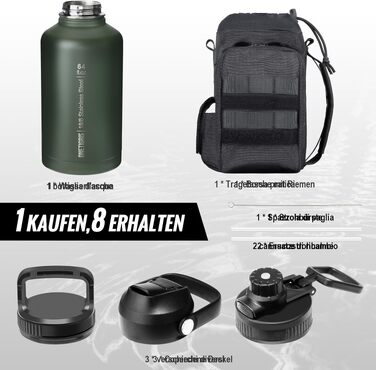 Термос-фляга OneTigris Edelstahl 1.9л (64oz) з чохлом, спортивна фляга для води, 3 кришки для велосипеда, кемпінгу, йоги, спортзалу, полювання, риболовлі - Оливково-зелений