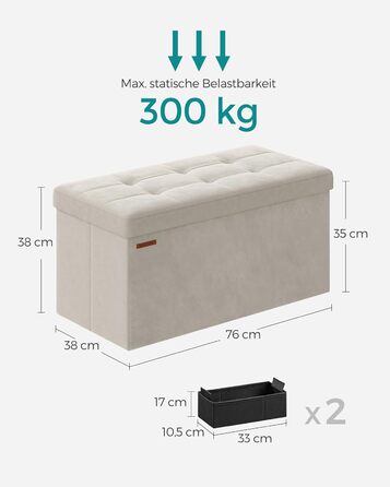 Складаний пуф SONGMICS з місцем для зберігання, 110x38x38 см, кремово-білий, до 300 кг, для вітальні, спальні, передпокою