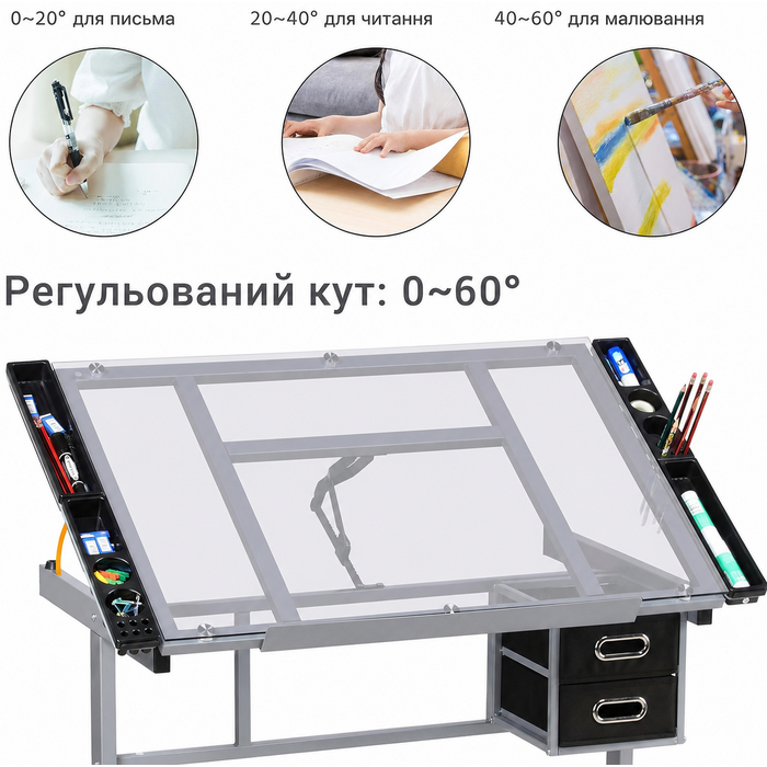 Регульований креслярський стіл Yaheetech з нахилом стільниці, 2 шухляди, для архітекторів, художників, офісний стіл 90×60 см