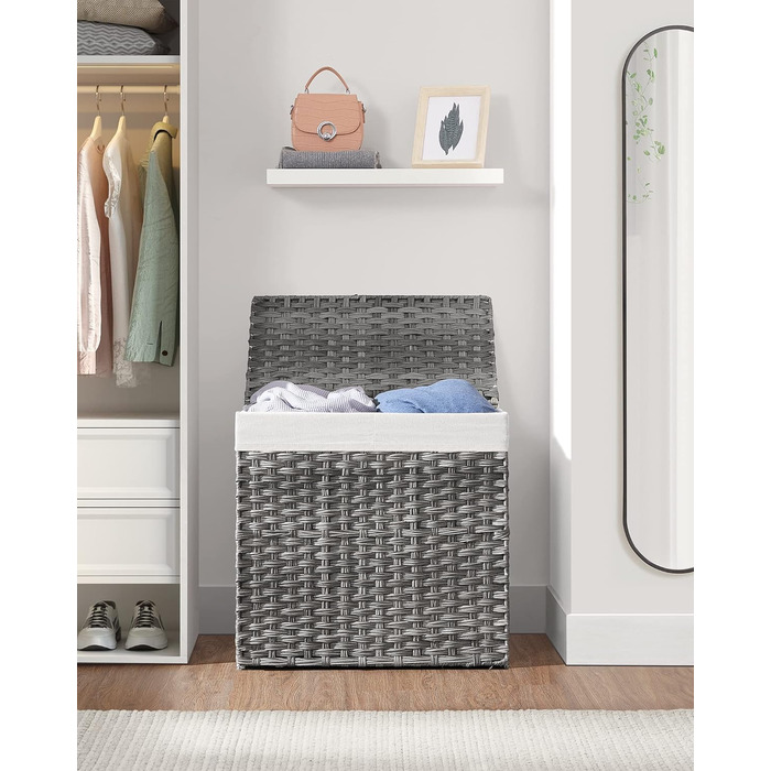 Кошик для білизни SONGMICS 130 л з кришкою, 2 секції, ручки, знімний мішок, плетений, сірий, 33x66x60 см, для спальні та ванної