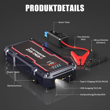 Автомобільний зарядний пристрій FEIKFEIZ Auto Starthilfe Powerbank, пусковий пристрій 6000A 26800mAh для 12V акумуляторів (бензин та дизель до 8.0L), з USB-портом та LED-ліхтарем