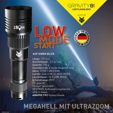 Ліхтарик AMAFOX G8-NEO 2100 Люмен, LED, акумуляторний, надяскравий, графіт, USB-C, з неопреною сумкою та акумулятором 21700