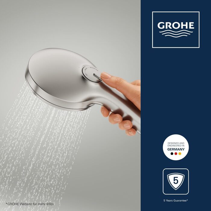 Душова лійка GROHE Vitalio Joy+ 120 з функцією Boost та AquaBooster, 3 режими струменя, економна (8 л/хв), універсальне підключення, нержавіюча сталь, 1348640000