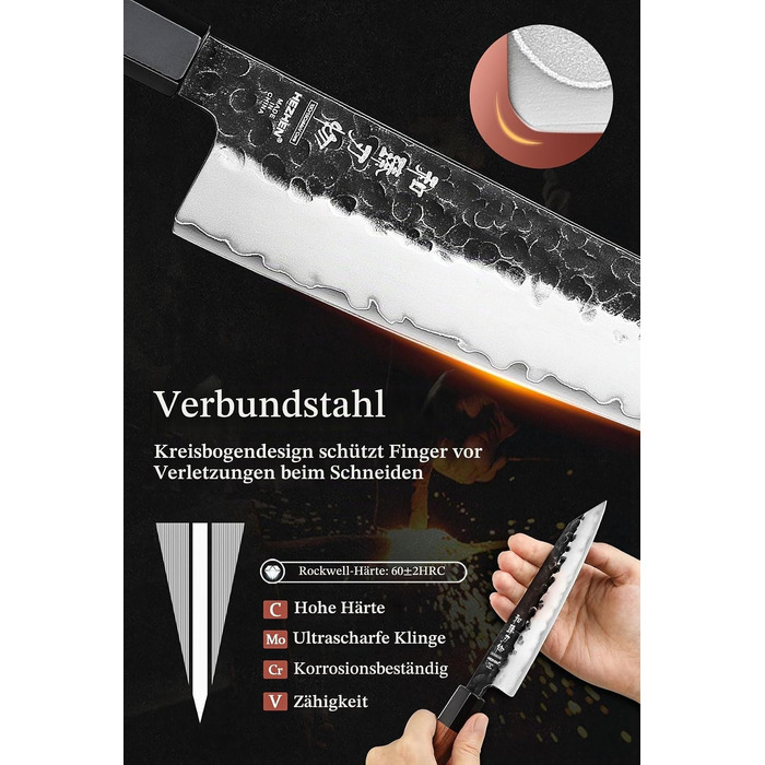 Професійний японський ніж Kiritsuke HEZHEN 21,5 см, кухонний ніж із 3-шарової дамаської сталі з восьмигранною ручкою з червоного дерева та дерев'яним чохлом
