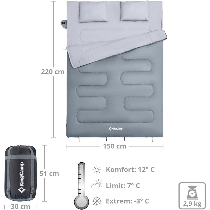 Двомісний спальний мішок KingCamp Oxygen 250 D XL, довгий, до -3°C