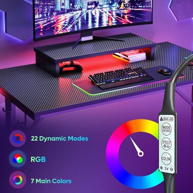Ігровий стіл Bestier 106,6 см з LED підсвіткою, моніторною підставкою, тримачем для чашки та гачком для навушників, комп'ютерний стіл з 3D чорного вуглецевого волокна для дому та офісу