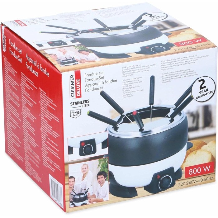 Електричний набір для фондю Cuisinier Deluxe на 6 осіб, нержавіюча сталь, для м'ясного, сирного та шоколадного фондю, чорний і білий