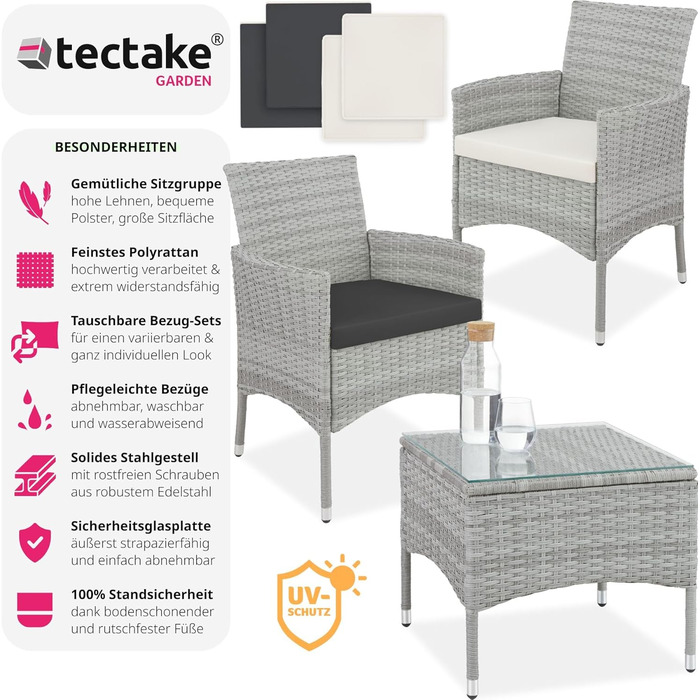 Комплект садових меблів tectake® з поліратану: 2 крісла з підлокітниками та стіл з скляною стільницею, змінні чохли, для балкона та саду, світло-сірий