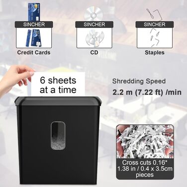 Шредер для паперу Aktenvernichter 6-листковий хрест-нарізка P-4, 13л з вікном та ручкою, подрібнює картки, захист від перегріву для дому/офісу (Чорний матовий)