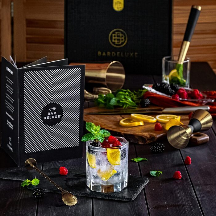 BarDeluxe Бостонський набір бармена 5 в 1, коктейльний мікс-набір з шейкером 750 мл, нержавіюча сталь, аксесуари для коктейлів, подарунковий набір з сумкою та рецептурником (золотий)