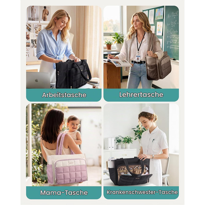 Жіноча сумка-шопер LOVEVOOK для ноутбука 15.6 дюймів, велика стібана сумка для роботи, навчання та офісу, бежево-зелена