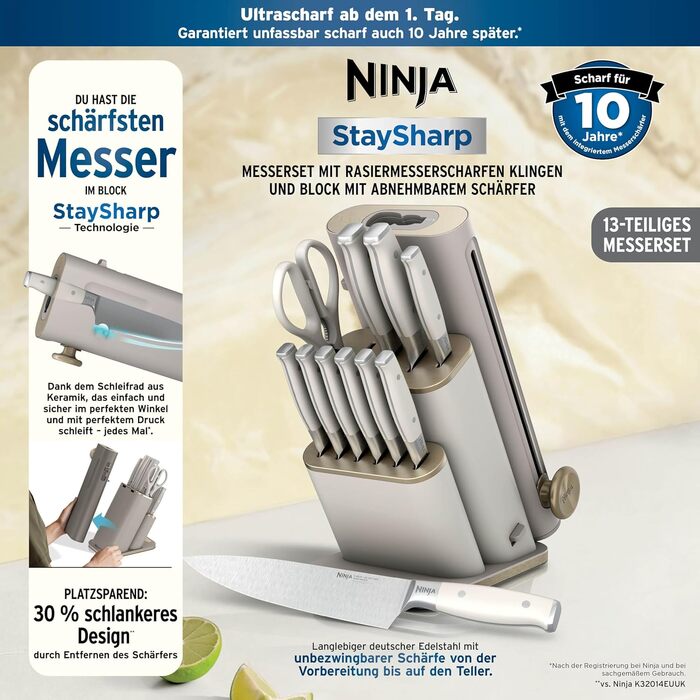 Набір кухонних ножів Ninja StaySharp з підставкою та вбудованим точилом, 13 предметів, колір Stone Gold