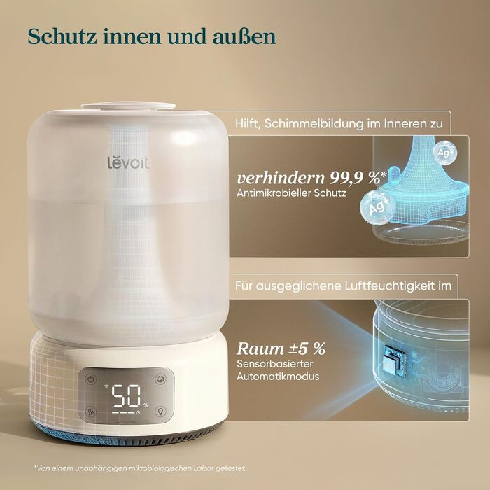 Розумний ультразвуковий зволожувач повітря Levoit NeoClassic 450S, безшумний (21 дБ) для спальні, колір натуральний білий