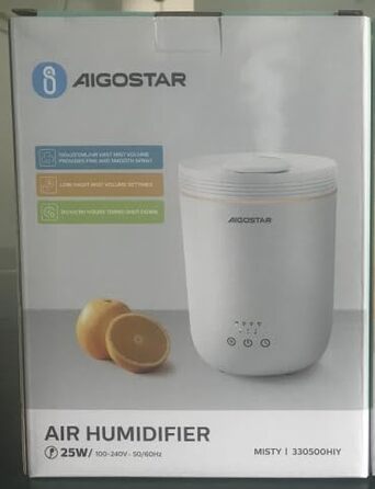 Зволожувач повітря Aigostar для спальні, 2,5 л, ультразвуковий, тихий, з регулюванням вологості, дифузор для олій, 7 кольорів підсвітки, до 25 годин роботи