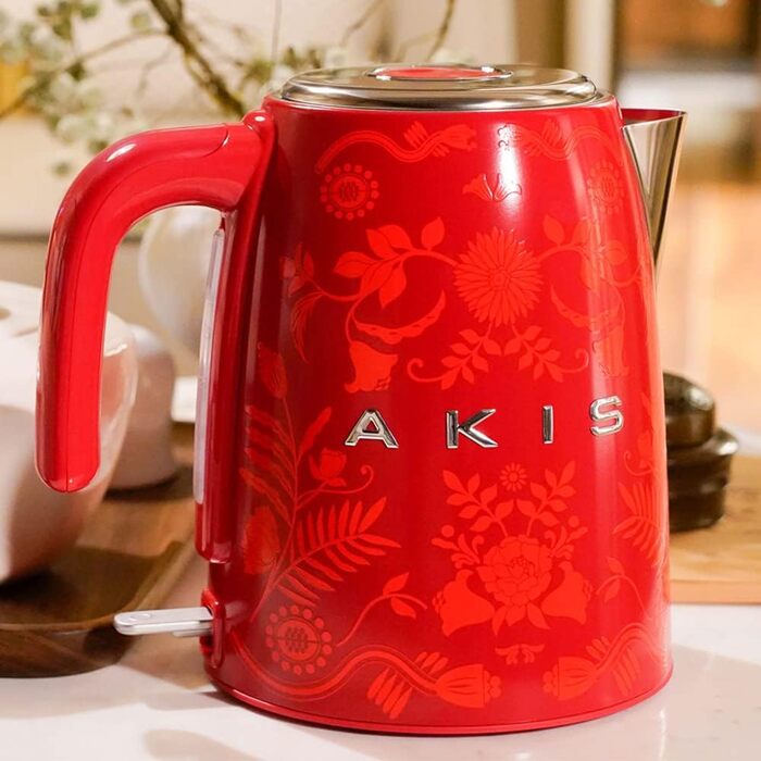 Електрочайник AKIS La Fête Design 1,7 л, 2400 Вт, нержавіюча сталь, з фільтром від накипу, ретро стиль, червоний з квітковим візерунком бароко
