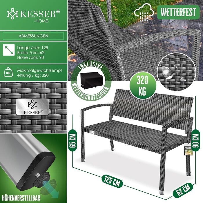 Садовий диван KESSER® з ротангу на 2 особи, вологостійкий, 125x62x90 см | Знімний чохол, ергономічні підлокітники, до 320 кг, антрацит
