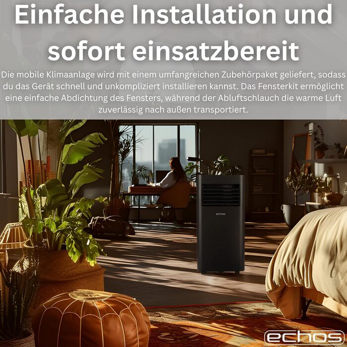 Мобільний кондиціонер Echos 9000 BTU з Wi-Fi, пультом та таймером 24 год – охолодження, осушення, вентиляція
