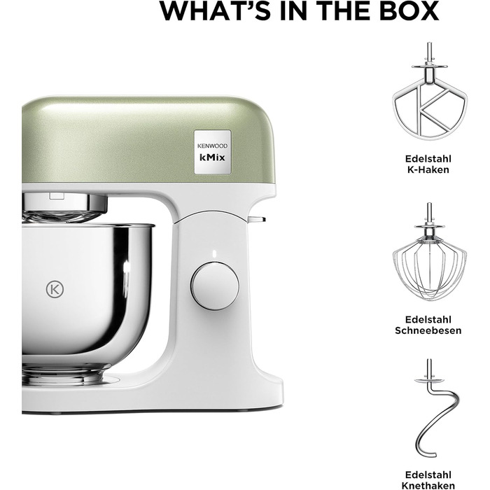 Кухонна машина Kenwood kMix Editions KMX760BC, 1000 Вт, чаша з нержавіючої сталі 5 л, набір для кондитерських виробів та захист від бризок, Зелений металік