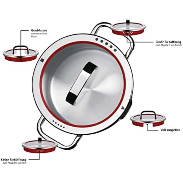 Скляна кришка WMF Function 4 (16 см) зі сталі Cromargan, 4 функції зливу, червона