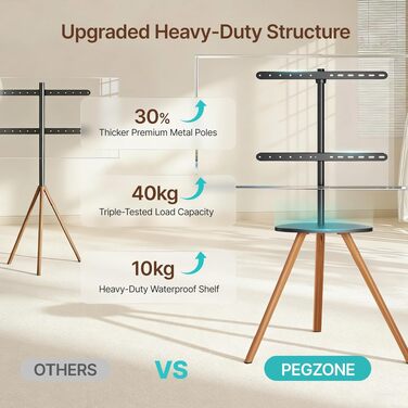 Стійка для телевізора PEGZONE 45-65 дюймів LCD LED OLED до 40 кг, дерев'яна тринога з поличкою, регульована по висоті та куту нахилу, VESA 600x400 мм