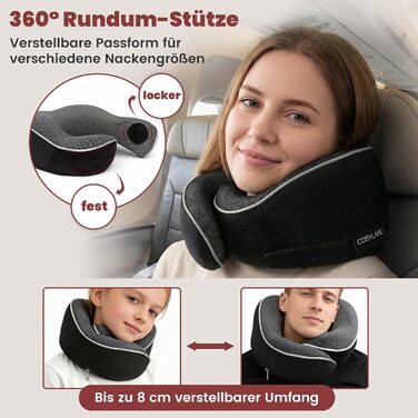 Подорожня подушка для шиї COSYLAND з ефектом пам'яті (Memory Foam) для літака та авто, ергономічна підставка 360°, чорна (набір: маска для сну, беруші, чохол)
