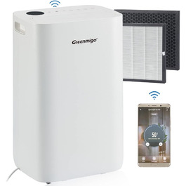 Осушувач повітря Greenmigo 25 л/доба з WiFi, HEPA-фільтром, іонізатором, для приміщень до 70 м², електричний очищувач повітря, мобільна сушка білизни, керування через додаток, таймер 24 год