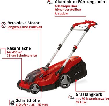 Акумуляторна газонокосарка Einhell RASARRO 36/38, 36В, 38 см, безщіткова, мульчування, 45 л, 2×4.0А·год, Twincharger, Power X-Change, для газонів до 450 м²